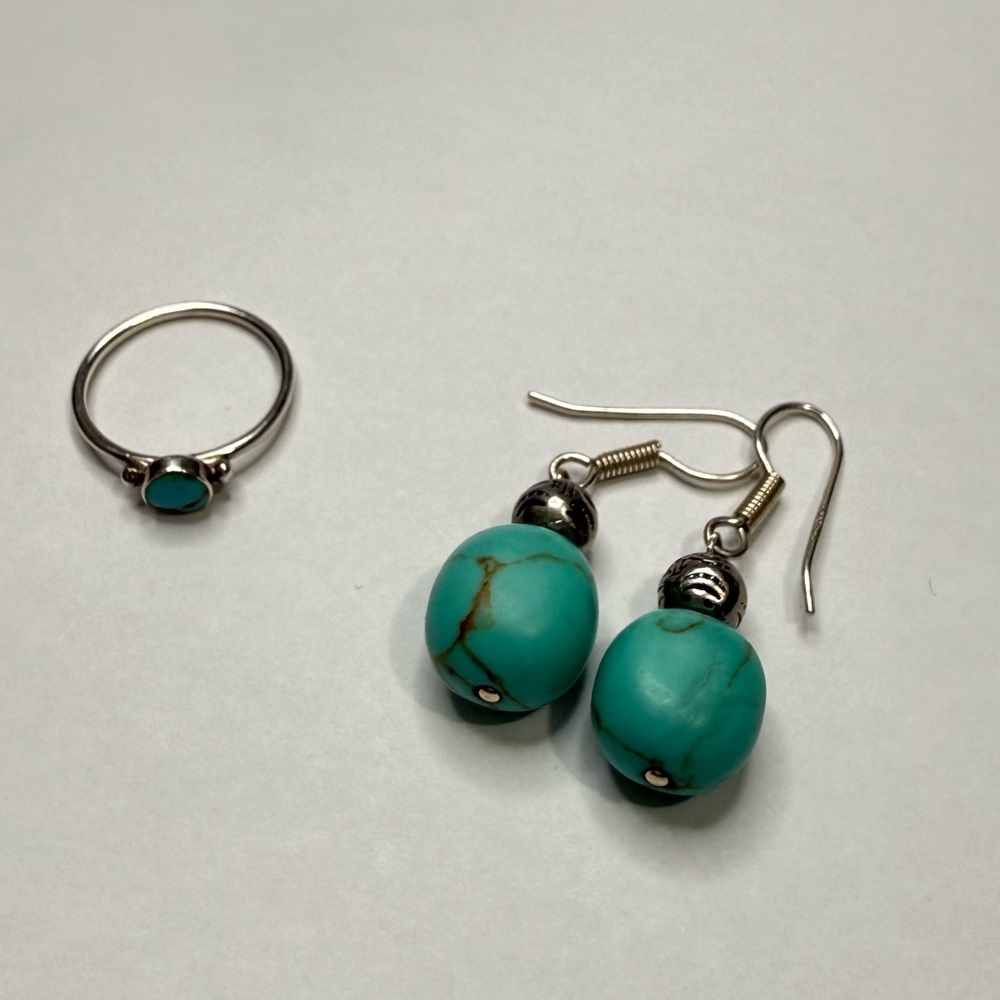 RALPH LAUREN 925 SILVER EARRINGS WITH RL BEADS/TURQUOISE STONE + PINKY RING 925